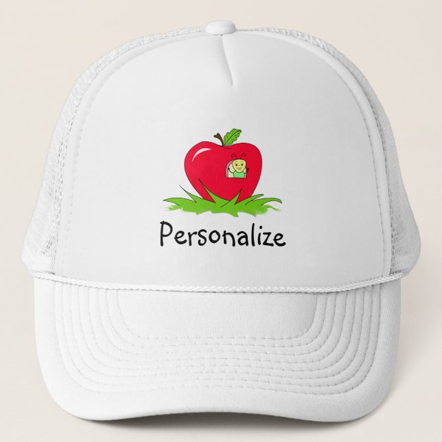 Worm In Red Apple With Name Trucker Hat (Front)