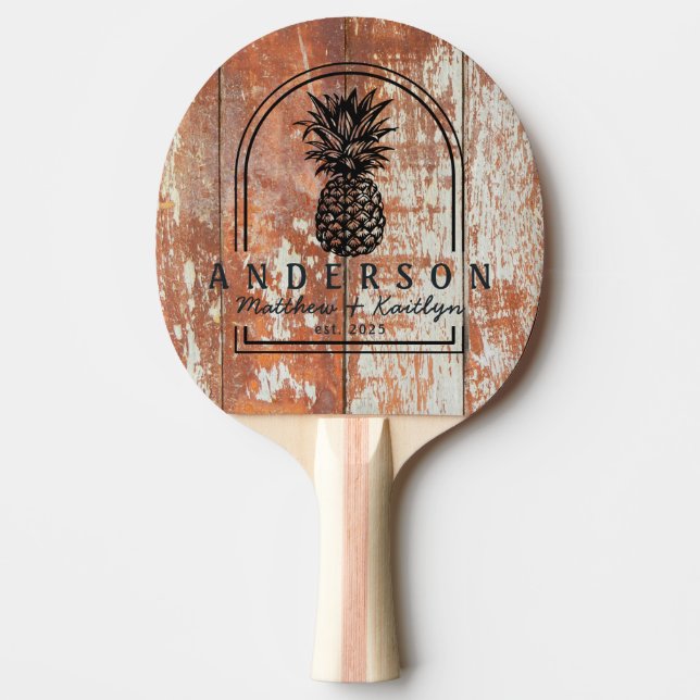 Worn Barn Wood Pineapple Wedding Arch & Name Ping Pong Paddle (Front)