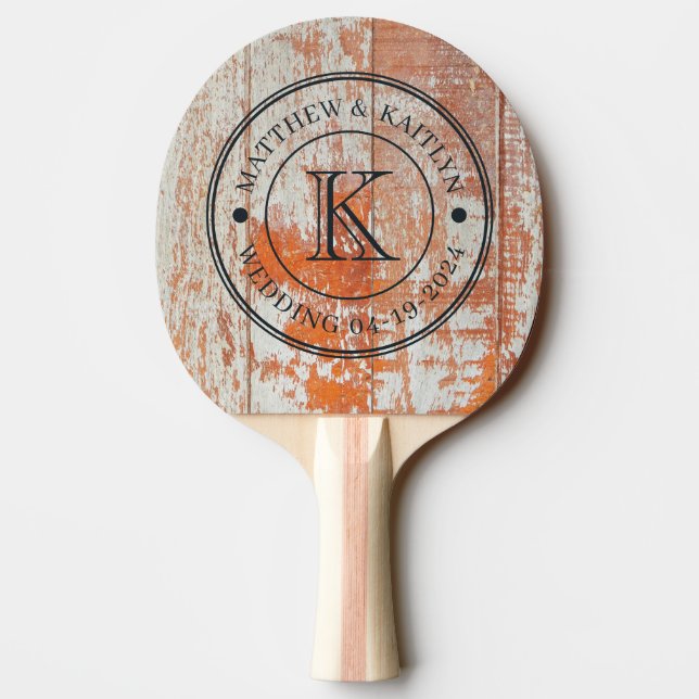 Worn Barn Wood Wedding Monogram Ping Pong Paddle (Back)