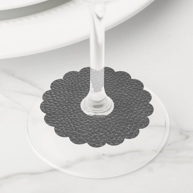 Worn Black Faux Leather Wine Glass Tag (Close Up)