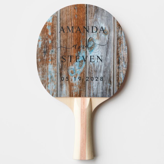 Worn Blue Wash Wood Couple Names with Wedding Date Ping Pong Paddle (Front)