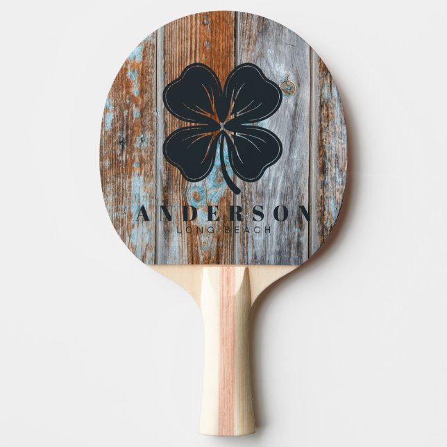 Worn Blue Wash Wood Four Leaf Clover with Name Ping Pong Paddle (Front)