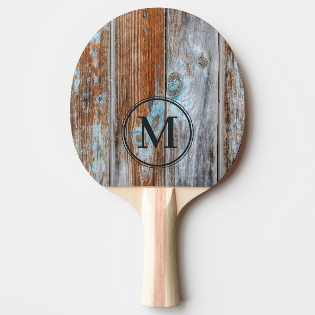 Worn Blue Wash Wood Monogram Ping Pong Paddle (Front)