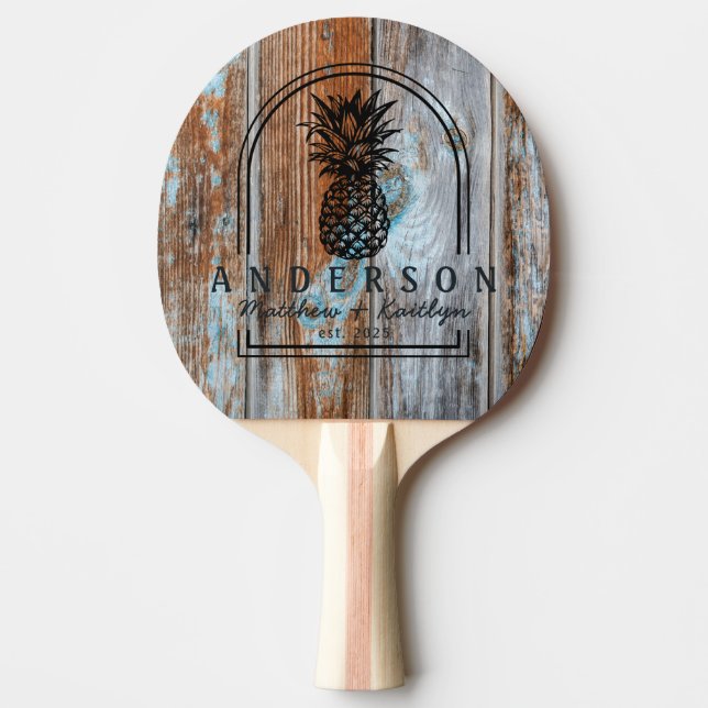 Worn Blue Wash Wood Pineapple Wedding Arch & Name Ping Pong Paddle (Front)