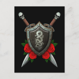 Worn Chinese Dragon Shield and Swords with Roses Postcard