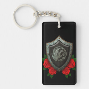 Worn Circular Phoenx Shield with Red Roses Key Ring