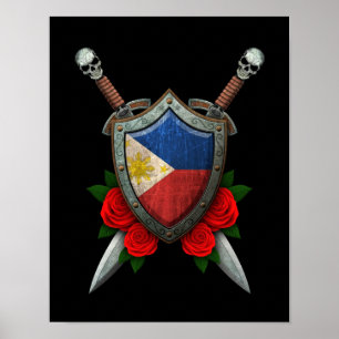 Worn Filipino Flag Shield and Swords with Roses Poster