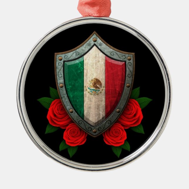 Worn Mexican Flag Shield with Red Roses Metal Tree Decoration (Front)