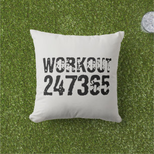 Worn out and scratched text Workout 247365 black Cushion