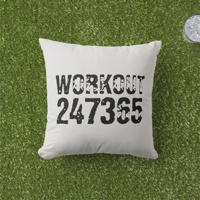 Worn out and scratched text Workout 247365 black Cushion (Grass)