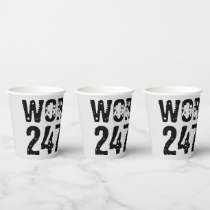 Worn out and scratched text Workout 247365 black Paper Cups