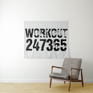 Worn out and scratched text Workout 247365 black Tapestry