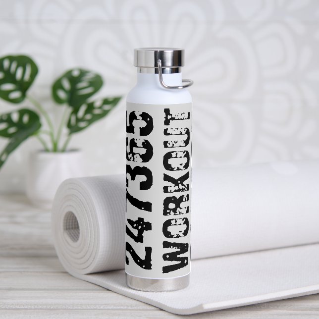 Worn out and scratched text Workout 247365 black Water Bottle (Yoga)