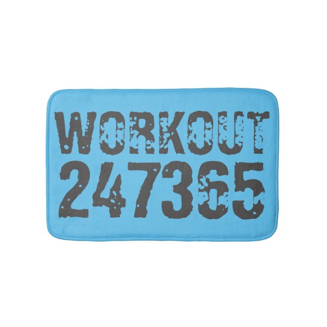 Worn out and scratched text Workout 247365 blue Bath Mat (Front)
