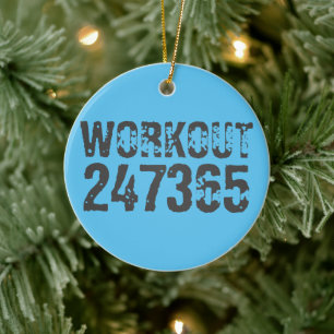 Worn out and scratched text Workout 247365 blue Ceramic Tree Decoration