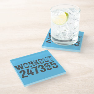 Worn out and scratched text Workout 247365 blue Glass Coaster