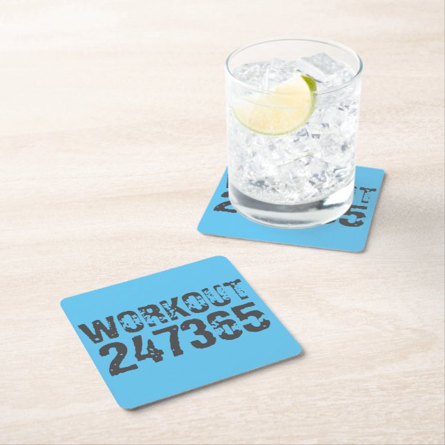 Worn out and scratched text Workout 247365 blue Square Paper Coaster (Insitu)