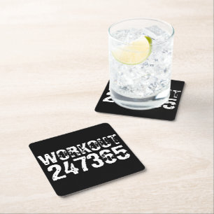 Worn out and scratched text Workout 247365 white Square Paper Coaster
