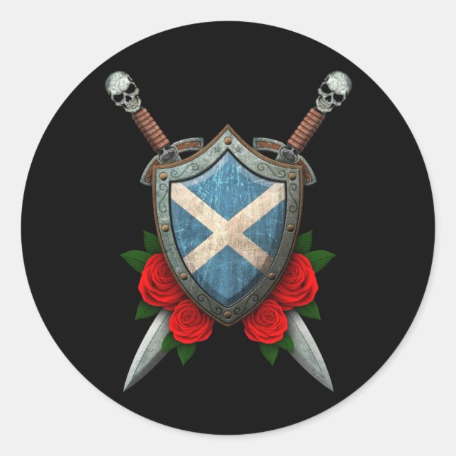 Worn Scottish Flag Shield and Swords with Roses Classic Round Sticker (Front)