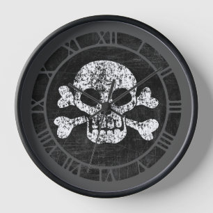 Worn Skull And Crossbones Round Clock