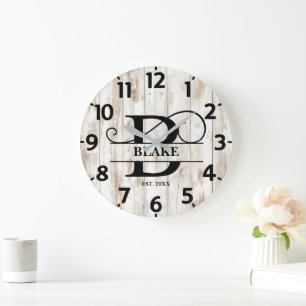 Worn Wood Background B Monogram Large Clock