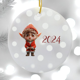 Worried Little Elf Christmas Elf Ceramic Ornament