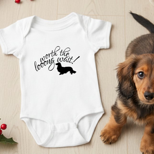 Worth the Long Wait Dachshund Newborn Gift Baby Baby Bodysuit (Long hair wiener dog sibling - worth the long wait!)