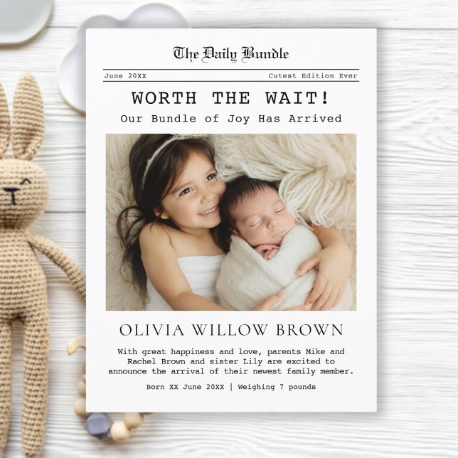 Worth the Wait, Newspaper Birth Announcement  Postcard (Baby Birth Announcement postcard in newspaper style with photo. Headline: "Worth the Wait")