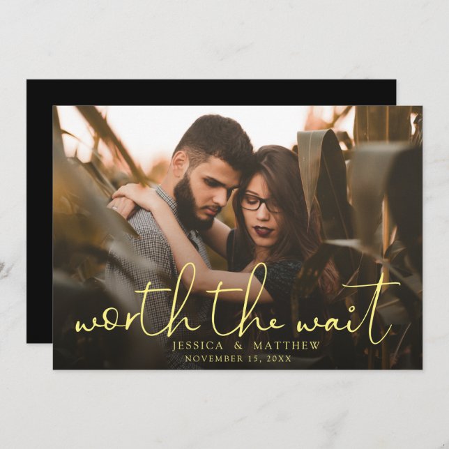 Worth the Wait Wedding Photo Script Modern Overlay Save The Date (Front/Back)
