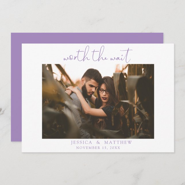 Worth the Wait Wedding Photo Script Modern Purple Save The Date (Front/Back)