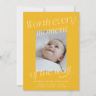 Worth The Wait Yellow Photo Modern Birth Announcement