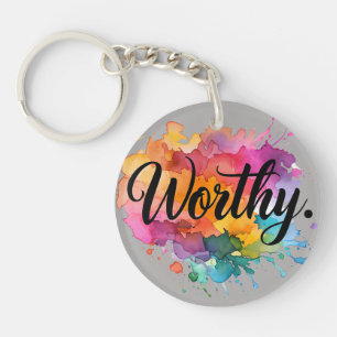 Worthy Square Motivational Watercolor Keychain