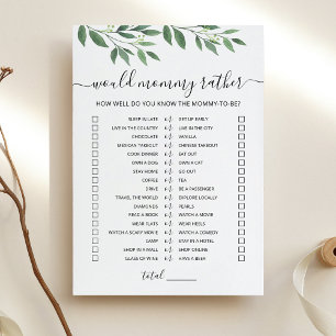 Would Mummy Rather Baby Shower Game Card