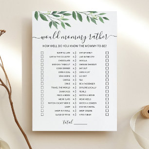 Would Mummy Rather Baby Shower Game Card