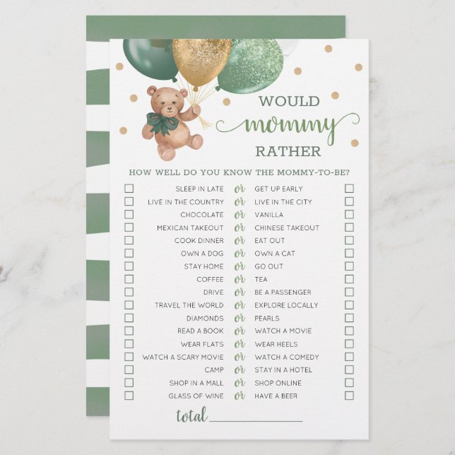 Would Mummy Rather Game Baby Shower Teddy Bear  (Front/Back)