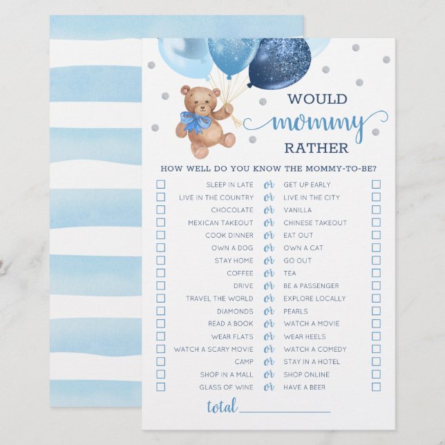 Would Mummy Rather Game Baby Shower Teddy Bear (Front/Back)
