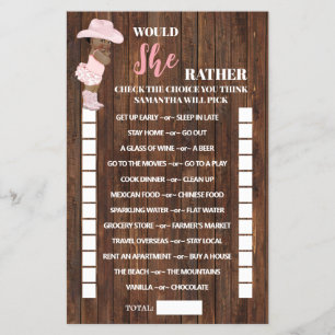 Would She Rather AA Cowgirl Baby Shower Game Card