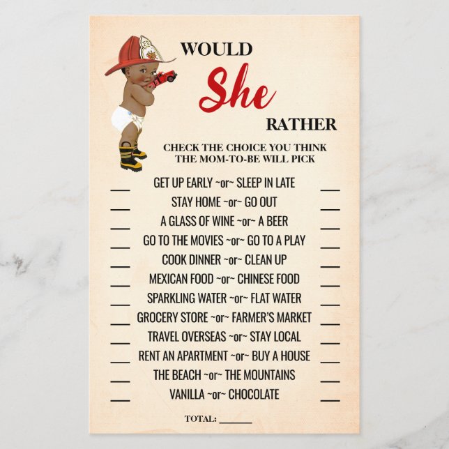 Would She Rather AA Fireman Baby Shower Game Card (Front)
