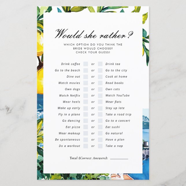 Would She Rather Amalfi Lemon Bridal Shower Game (Front)