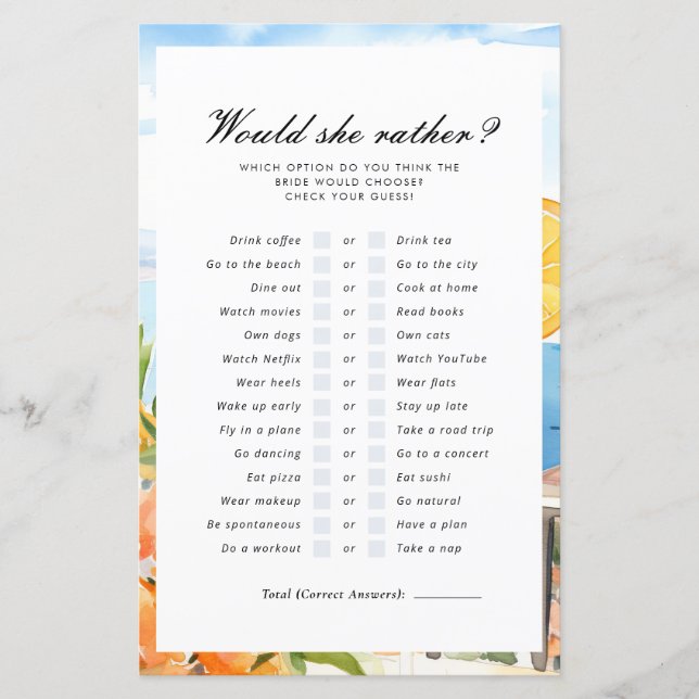 Would She Rather Aperol Spritz Bridal Shower Game (Front)
