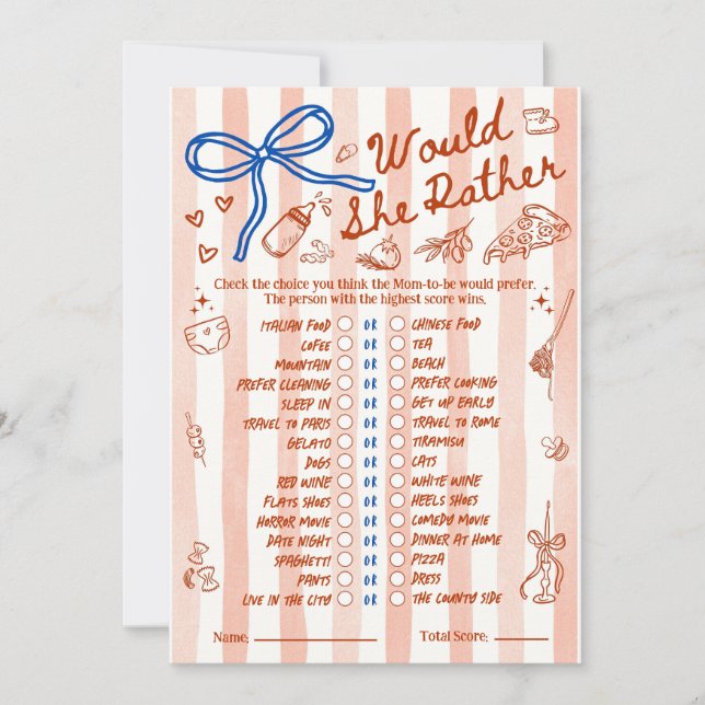 Would She Rather Baby Shower Game in Red Blue (Front)