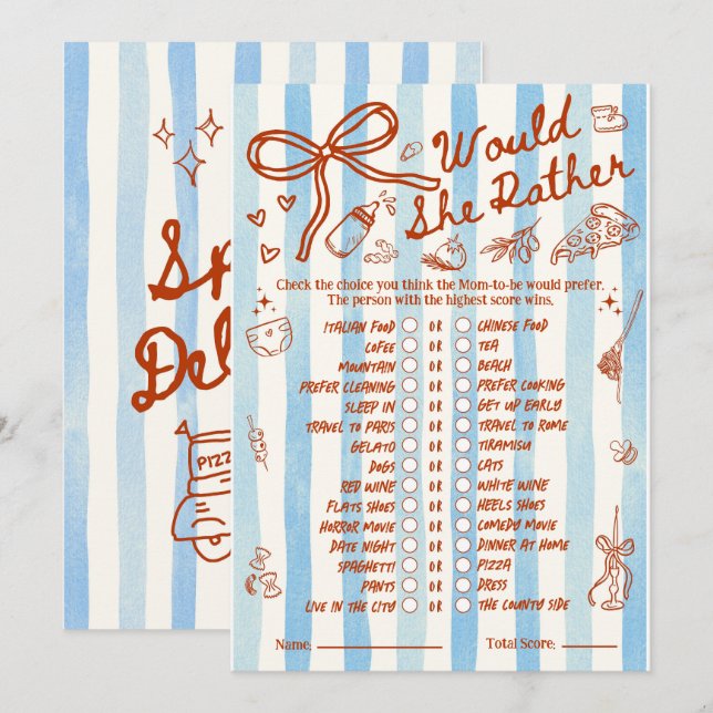 Would She Rather Baby Shower Game in Red Blue (Front/Back)