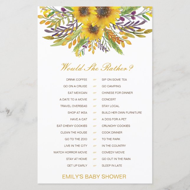 Would She Rather Baby Shower Game PRINTED (Front)