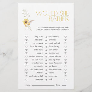 Would She Rather Boho Sunflower Bridal Shower Game