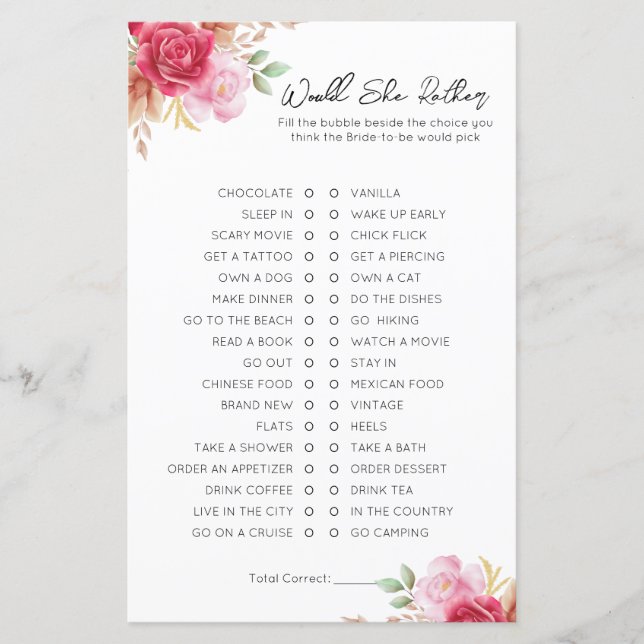 Would She Rather- Bridal Shower Game (Front)