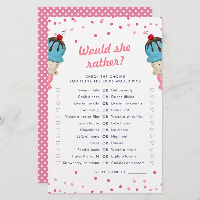 Would She Rather Bridal Shower Game (Front/Back)