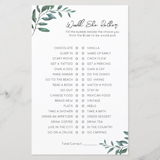 Would She Rather- Bridal Shower Game (Front)