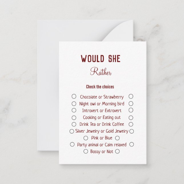 Would she rather bridal shower game card (Front)