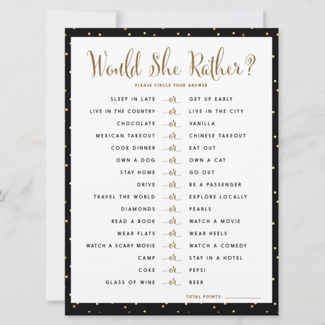 Would She Rather Bridal Shower Game Invitation (Front)
