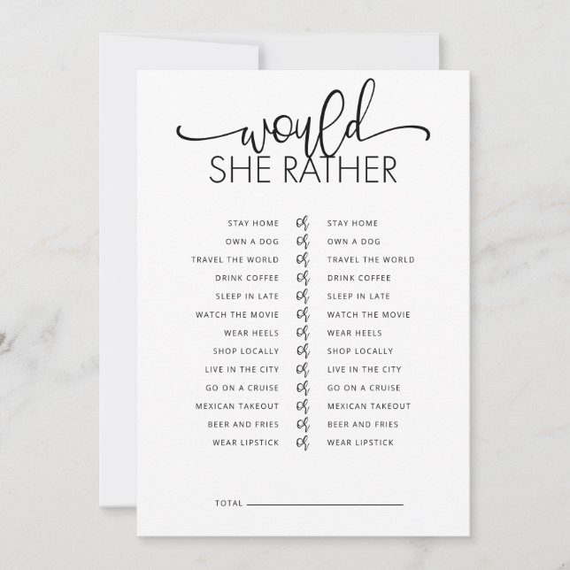 Would She Rather Bridal Shower Game Invitation (Front)
